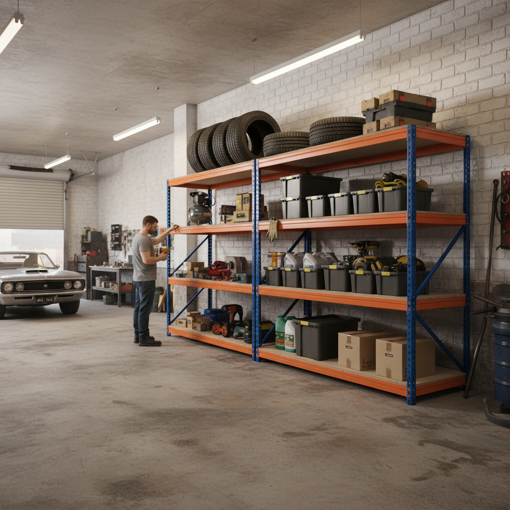 Premium Heavy Duty Garage Shelving - 1800mm High - 500kg Capacity - Blue & Orange - Side view