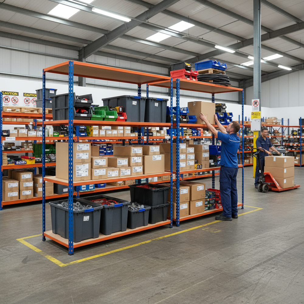 3x Heavy Duty Industrial Shelving - 1980mm High - 340kg Capacity - Chipboard - Blue & Orange - Side view