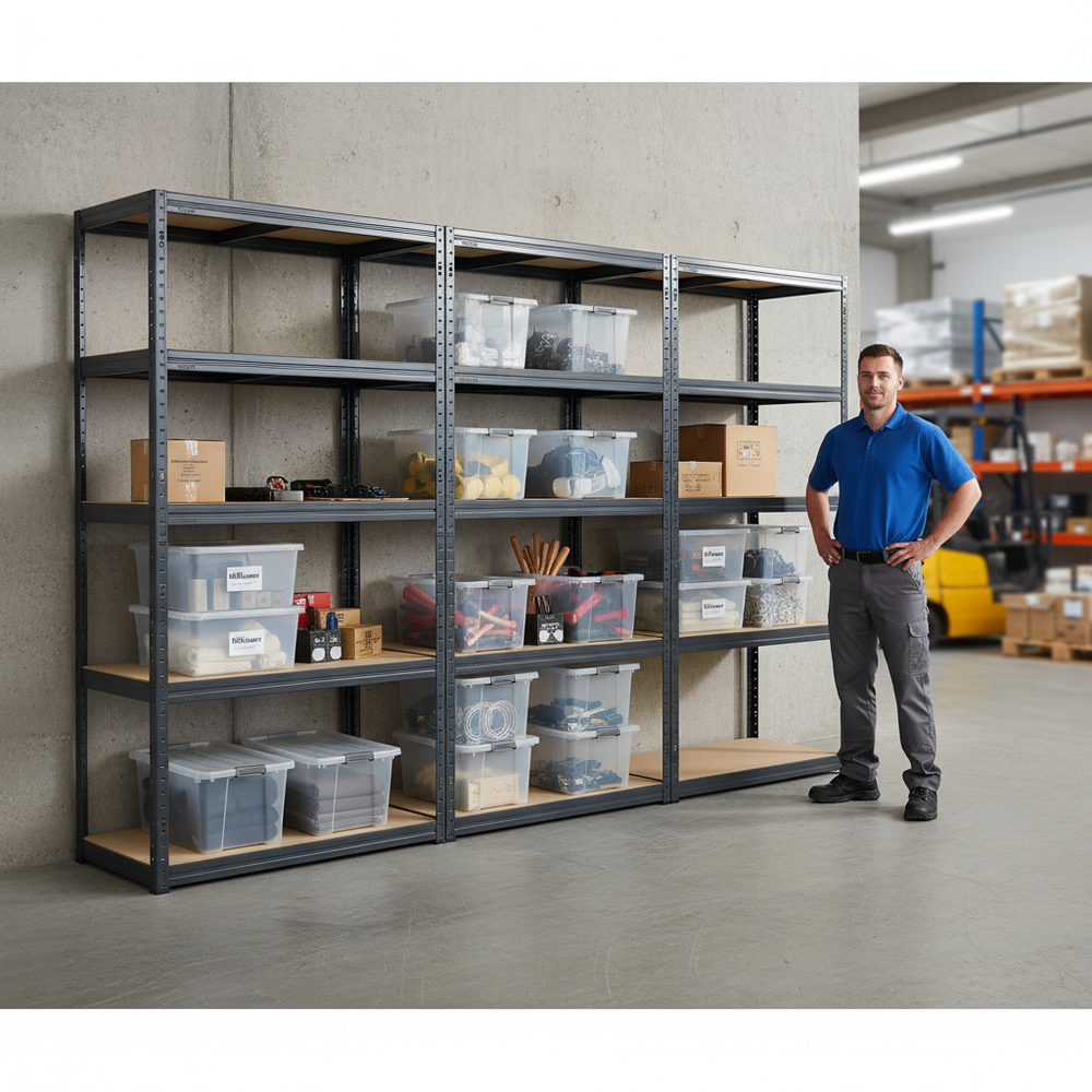 Heavy Duty 3-Tier Shelving Unit with 8x 60L Plastic Storage Boxes - Side view