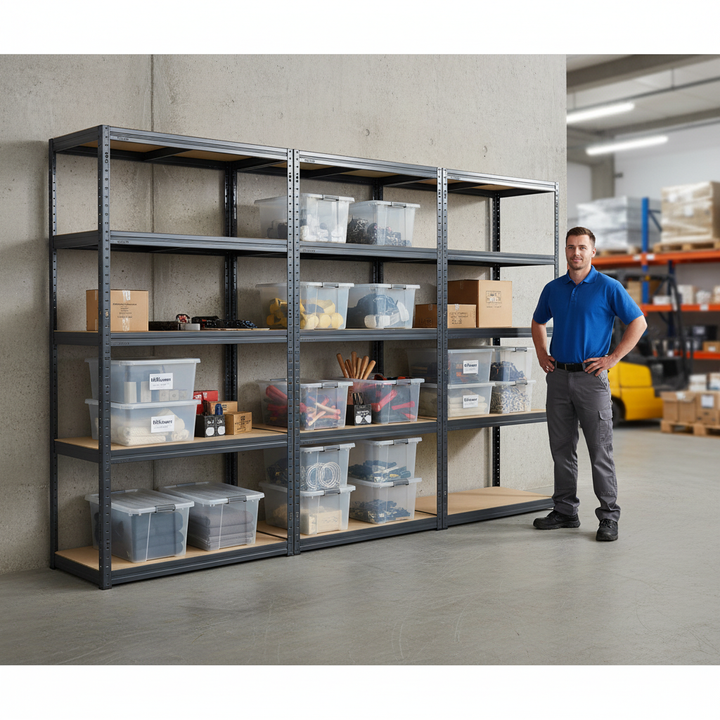 Heavy Duty 3-Tier Shelving Unit with 8x 60L Plastic Storage Boxes - Side view