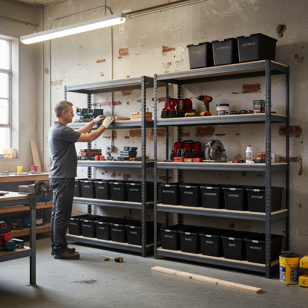 2x Heavy Duty Shelving - 1800mm High - Grey with 12x 37L DIY Plastic Storage Boxes - Side view