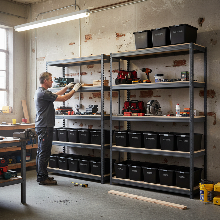 2x Heavy Duty Shelving - 1800mm High - Grey with 12x 37L DIY Plastic Storage Boxes - Side view