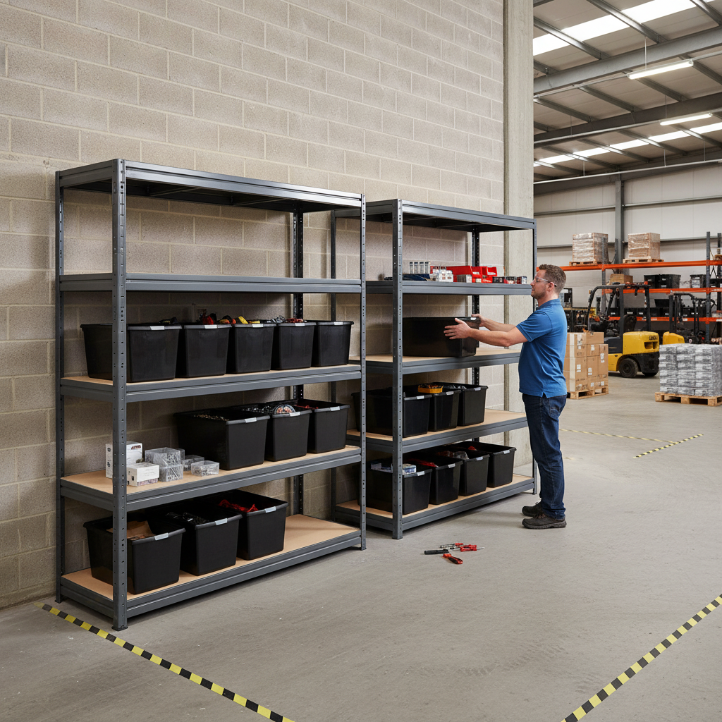2x Heavy Duty Shelving - 1770mm High - Grey with 12x 62L Plastic Storage Boxes - Side view