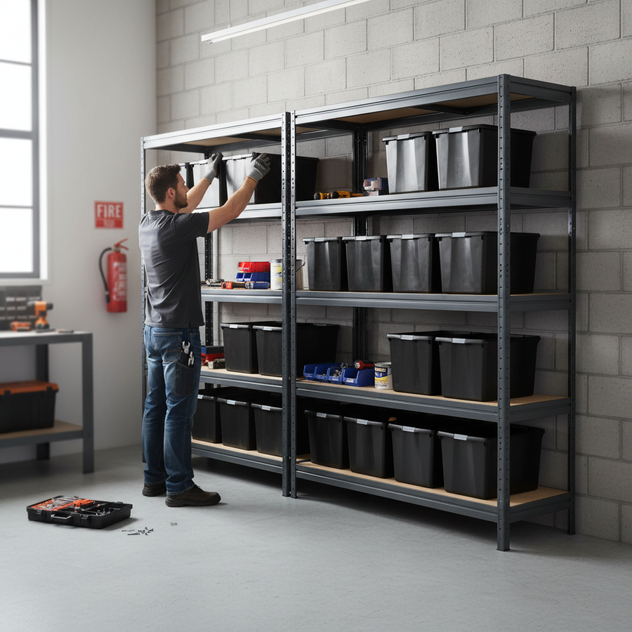 2x Heavy Duty Shelving - 1770mm High - Grey with 12x 62L Plastic Storage Boxes - Front view