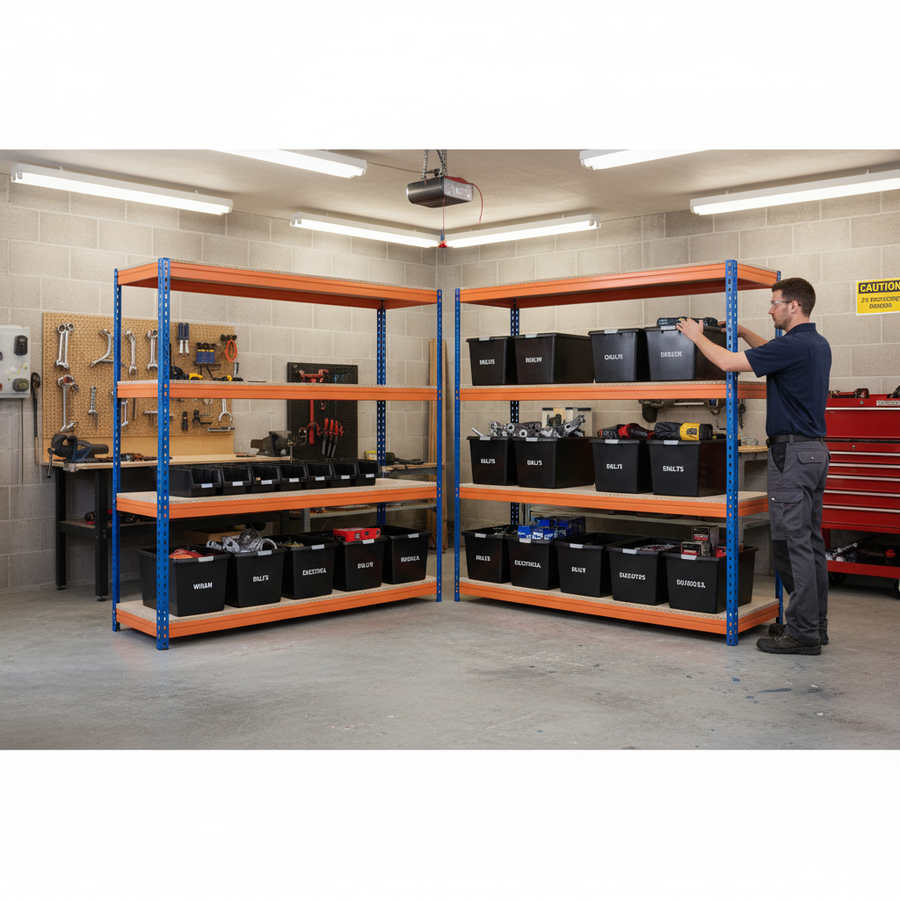 4x Heavy Duty Shelving - 2000mm High - Blue & Orange with 12x 37L Plastic Storage Boxes - Front view