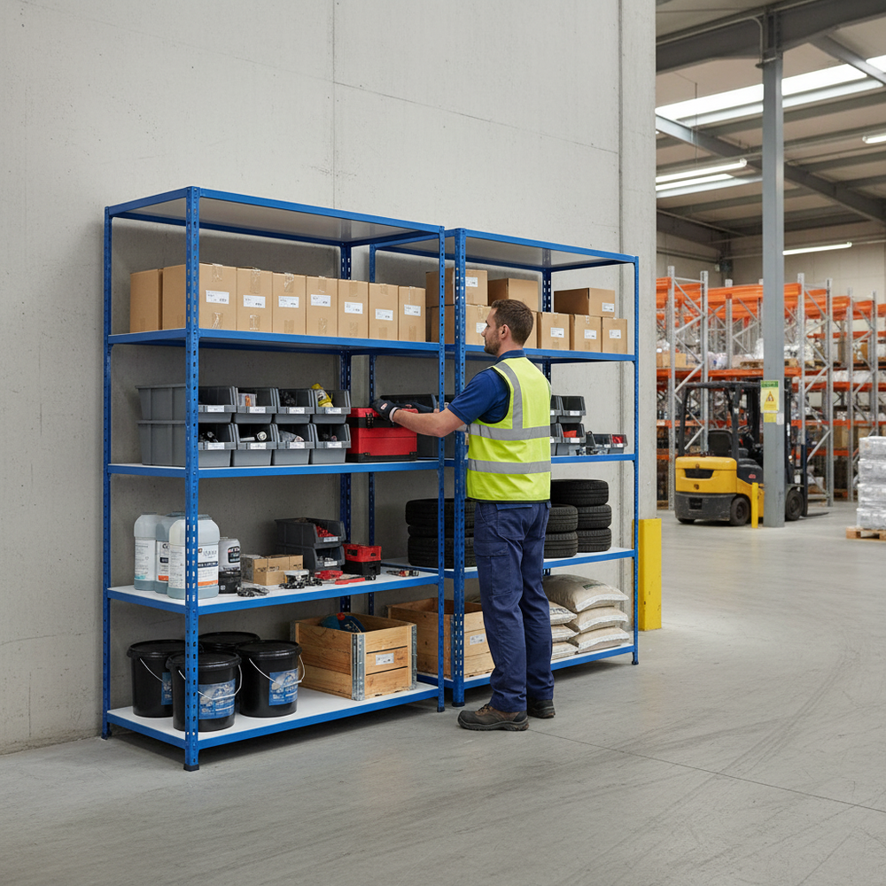 Heavy Duty Industrial Shelving - 2440mm High - 200kg Capacity - Melamine - Blue - Side view