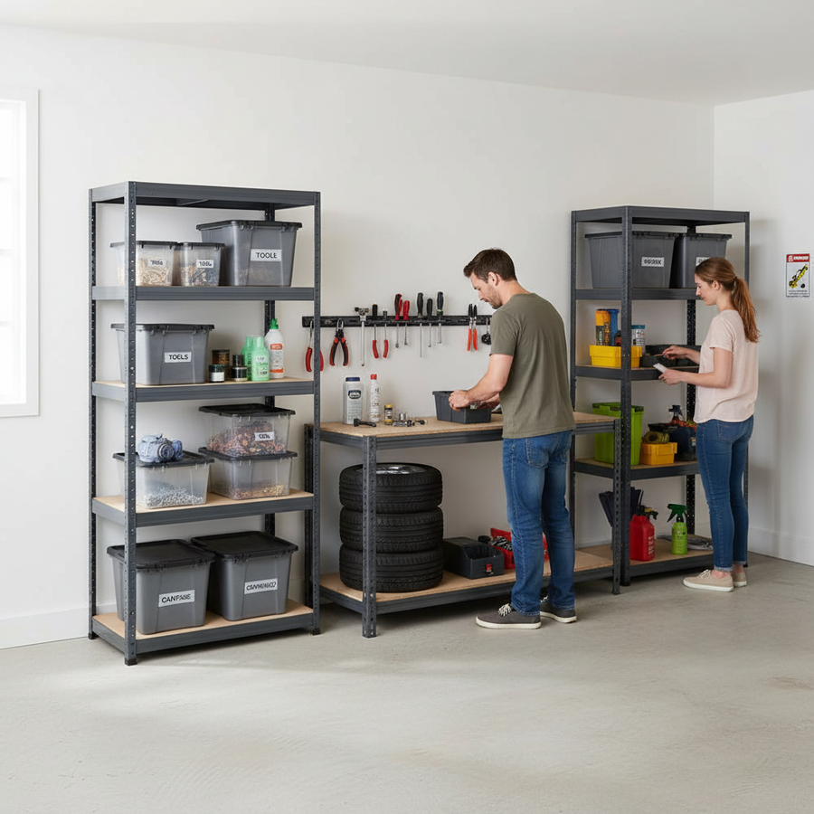 3x Heavy Duty Shelving Units - 1800mm High & 1x Workbench - 1600mm Wide - Grey - Front view