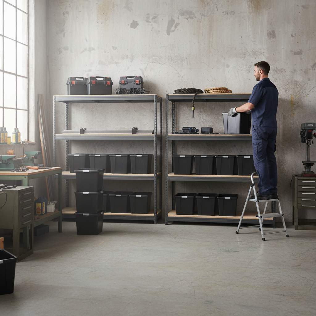 4x Heavy Duty Shelving Units - 2000mm High - Grey with 8x 62L Plastic Storage Boxes - Front view