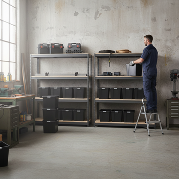 4x Heavy Duty Shelving Units - 2000mm High - Grey with 8x 62L Plastic Storage Boxes