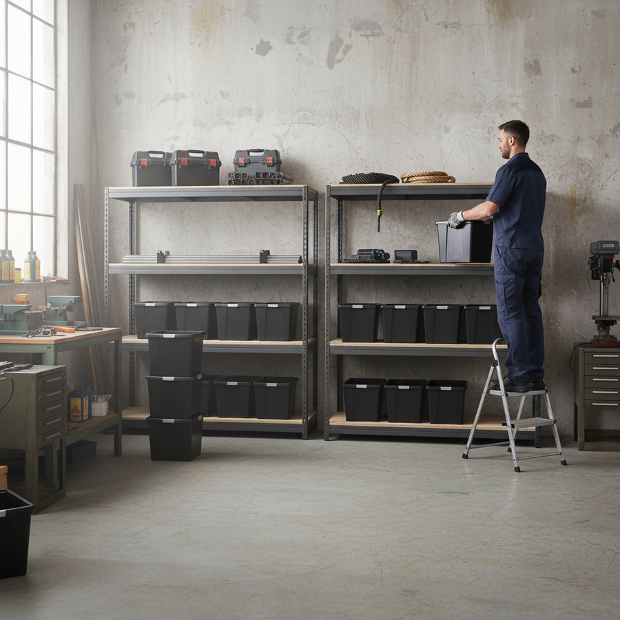 4x Heavy Duty Shelving Units - 2000mm High - Grey with 8x 62L Plastic Storage Boxes - Front view