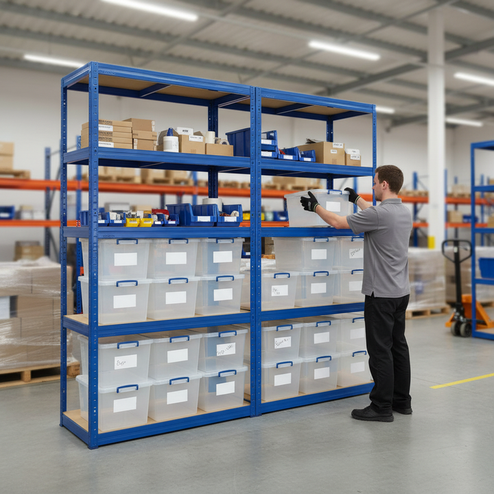 2x Heavy Duty Shelving Units - 2130mm High - Blue with 12x 33.5L Storage Boxes - Side view