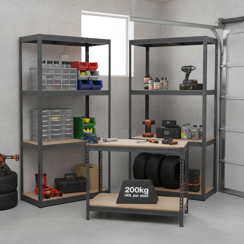 2x Premium Shelving Units - 1600mm High & 1x Heavy Duty Workbench - 1200mm Wide - Grey - Front view
