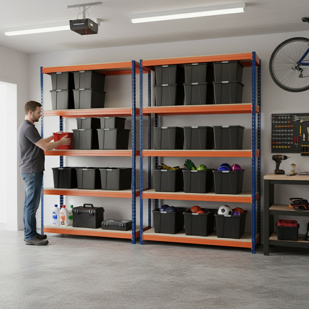2x Heavy Duty Shelving - 1600mm High - Blue & Orange with 12x 62L Storage Boxes - Side view