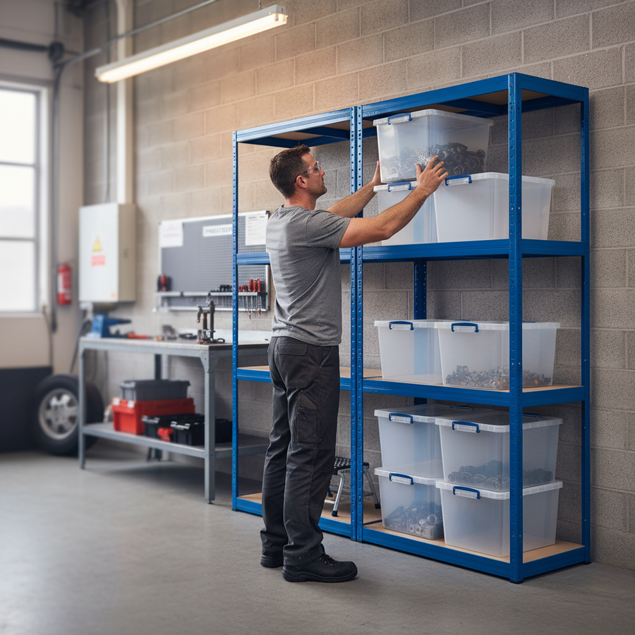 Premium 2x Shelving Units - 1600mm High with 8x 33.5L Storage Boxes - Front view