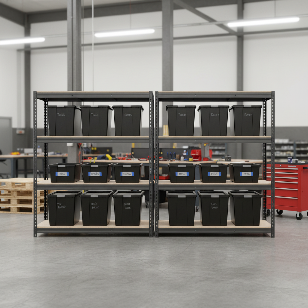 Premium Heavy Duty Shelving with 12x 37L Plastic Storage Boxes - 2200mm High - Front view