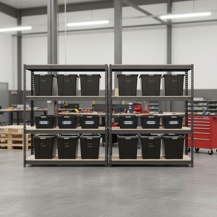 Premium Heavy Duty Shelving with 12x 37L Plastic Storage Boxes - 2200mm High - Front view