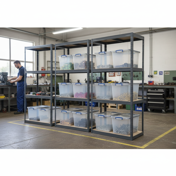 Premium Shelving Units with 8 Clear Plastic Storage Boxes - 1600mm High - Side view
