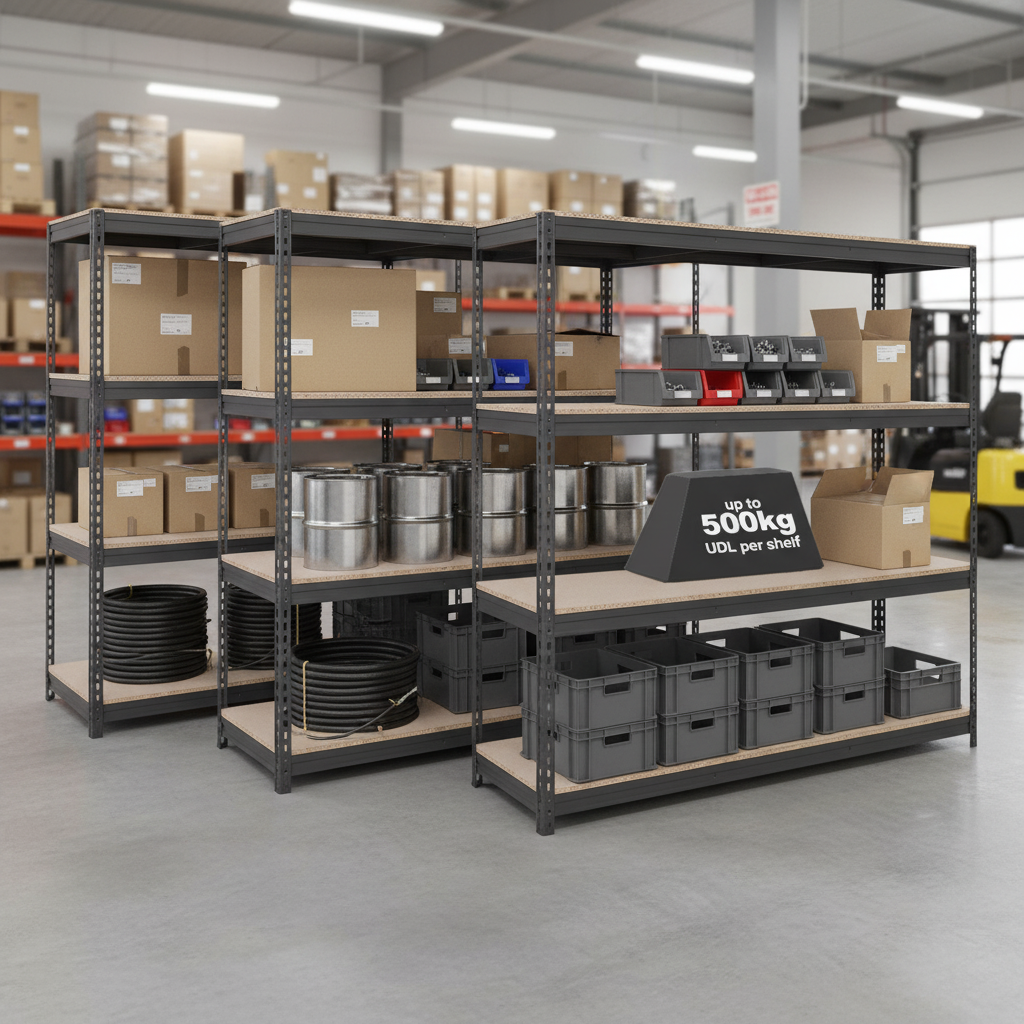 Heavy Duty Industrial Shelving - 2200mm High - 500kg Load Capacity - Grey - Front view