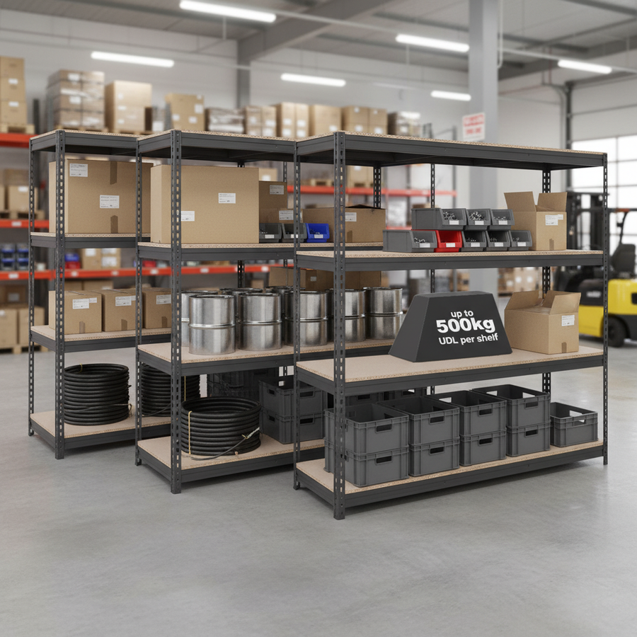 Heavy Duty Industrial Shelving - 2200mm High - 500kg Load Capacity - Grey - Front view