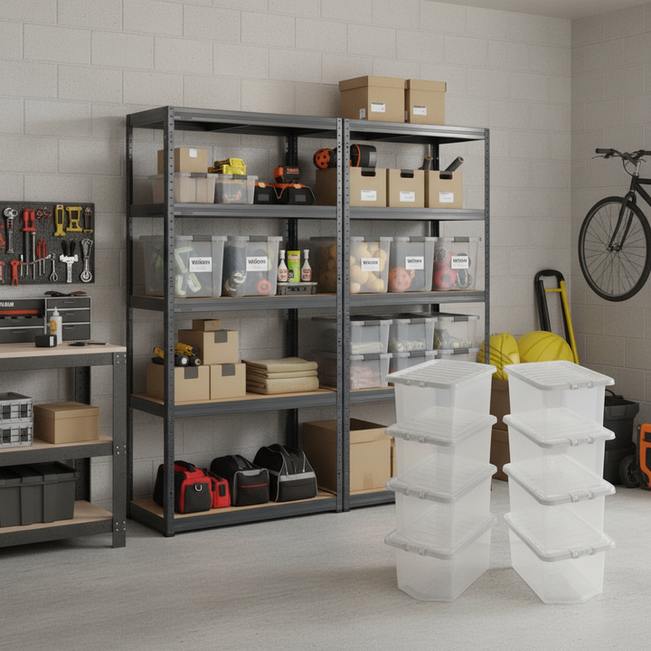 Premium 2x Shelving Units - 2130mm High - Grey with 8x 60L Plastic Storage Boxes - Side view