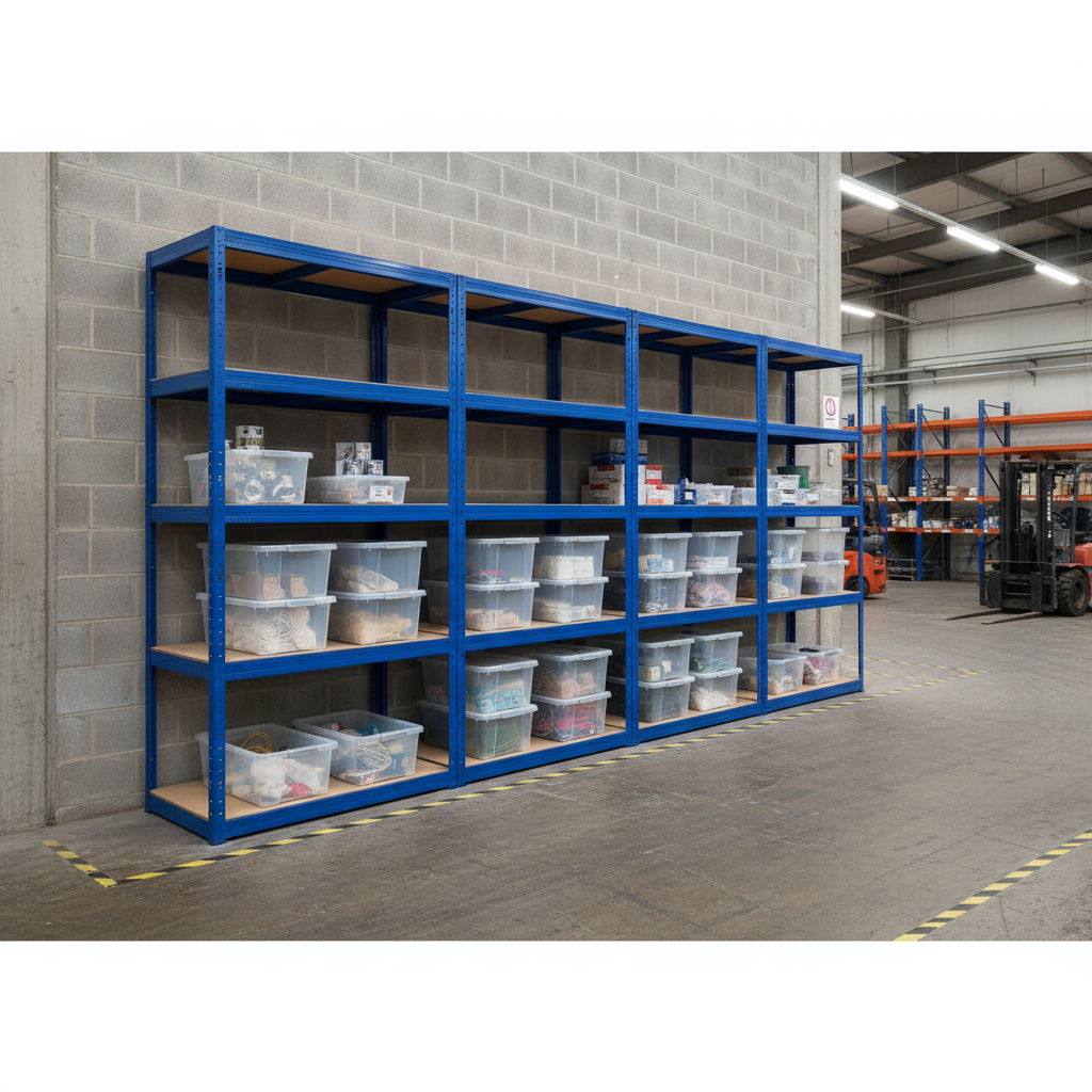 Heavy Duty Shelving Units with 12x 60L Plastic Storage Boxes - 2130mm High - Side view