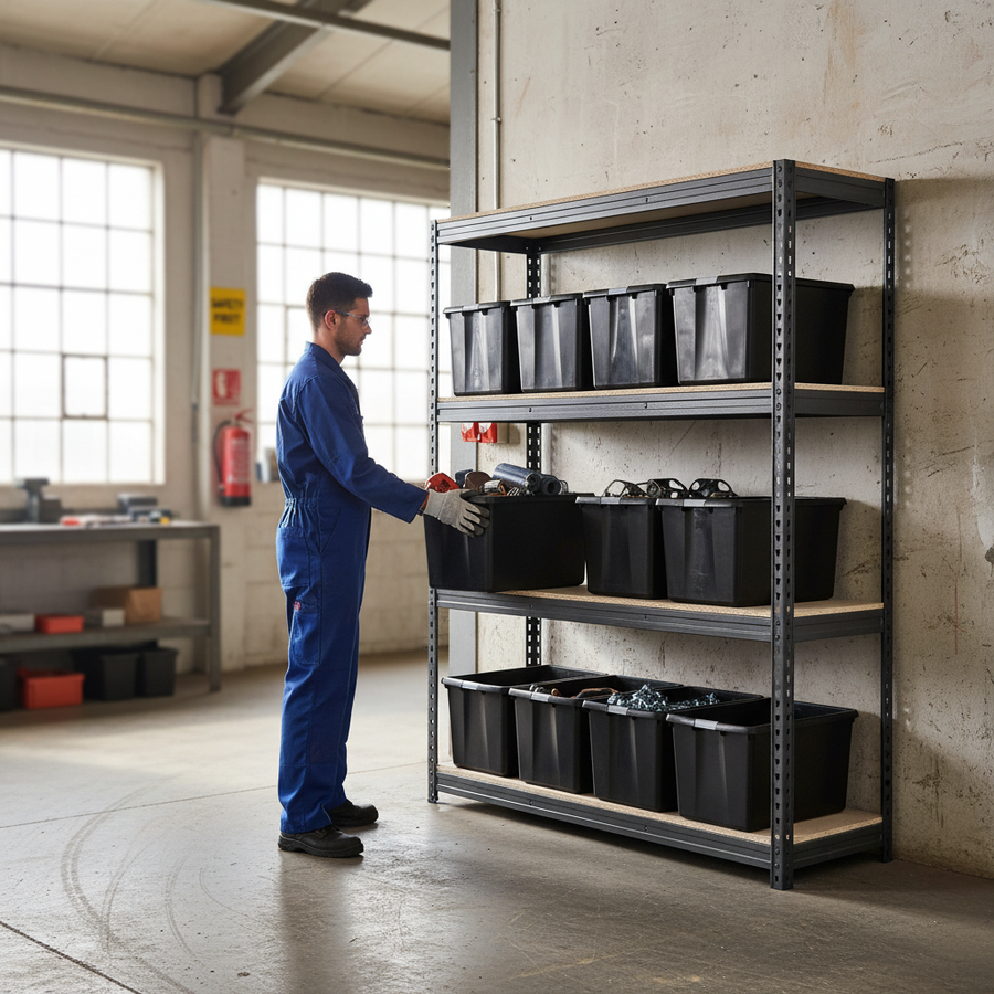 Heavy Duty Shelving Unit - 1600mm High with 8x 62L Storage Boxes - Front view