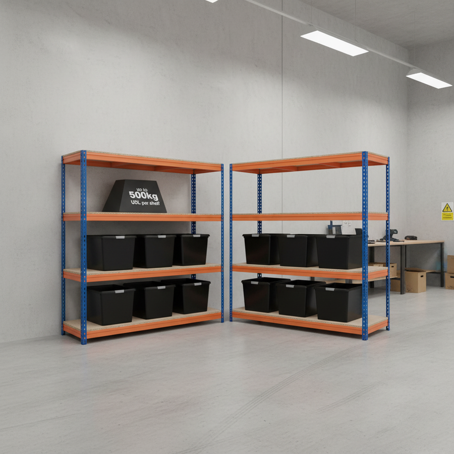 4x Heavy Duty Shelving - 1600mm High - Blue & Orange with 8x 37L Plastic Storage Boxes - Front view