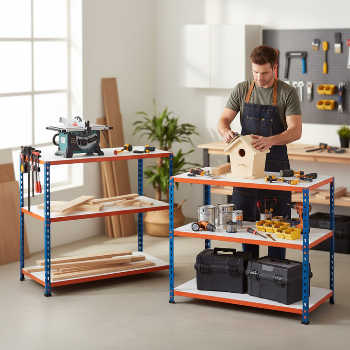 Premium Workbenches - 990mm High - 200kg Capacity - Melamine - Blue/Orange - Side view