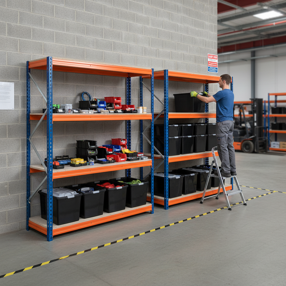 Heavy Duty Shelving Unit with 8x 37L Plastic Storage Boxes - 2200mm High - Side view