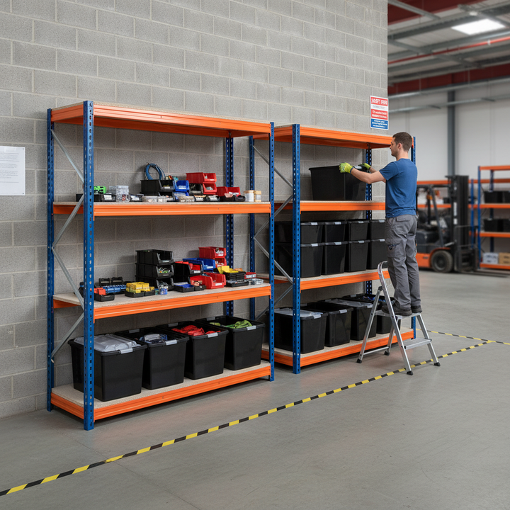 Heavy Duty Shelving Unit with 8x 37L Plastic Storage Boxes - 2200mm High - Side view
