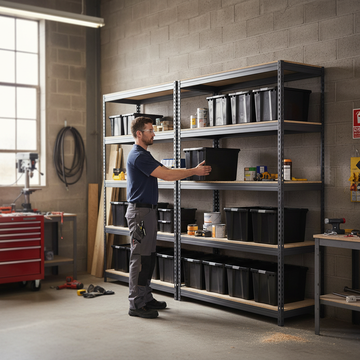 4x Premium Heavy Duty Shelving - 1800mm High - Grey with 8x 37L Plastic Storage Boxes - Front view