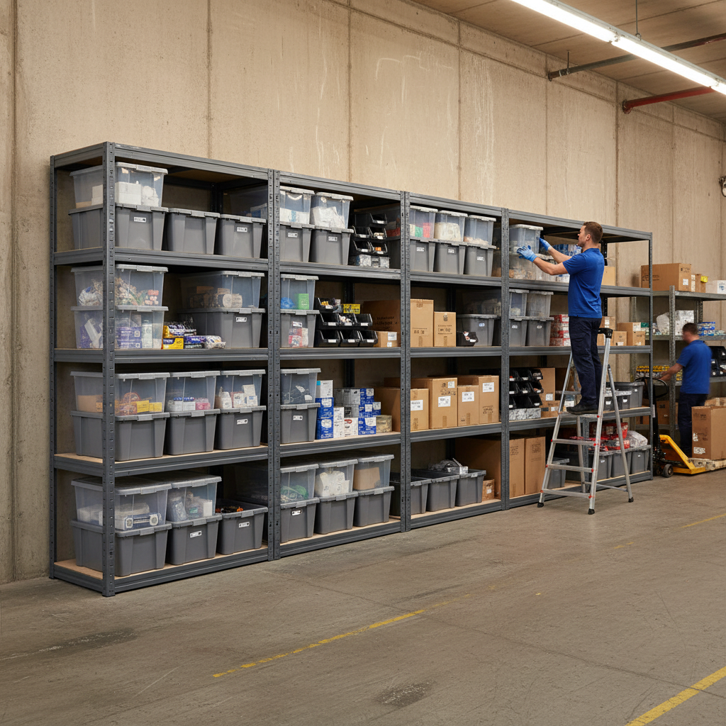 Premium 4x Shelving Units - 1800mm High - Grey with 12x 60L Plastic Storage Boxes - Side view