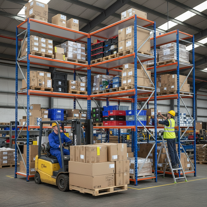 Premium Industrial Shelving - 3050mm High - 340kg Load Capacity - Blue & Orange - Side view