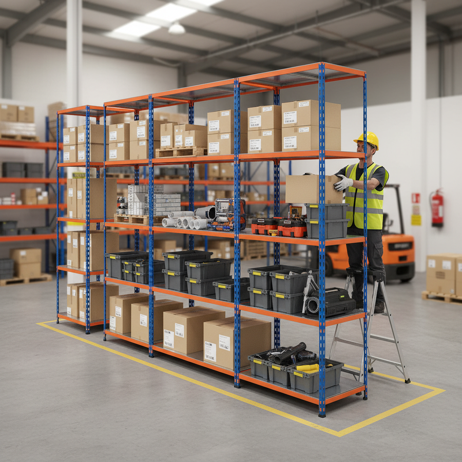 3x Premium Industrial Shelving - 2440mm High - 200kg Load Capacity - Steel - Blue & Orange - Front view