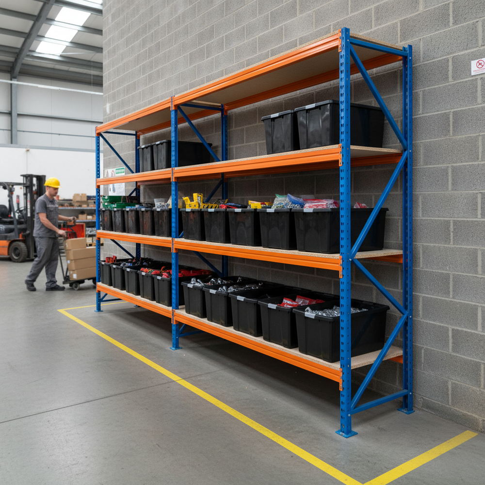 3x Industrial Heavy Duty Shelving - 1800mm High with 8x 37L Storage Boxes - Side view
