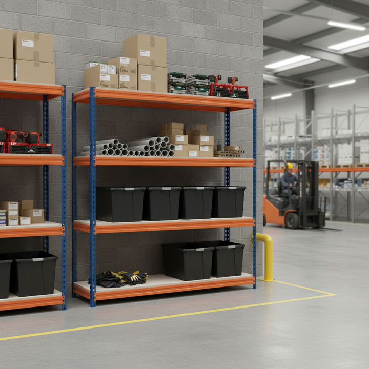 Premium Heavy Duty Shelving - 2000mm High with 8x 62L Plastic Storage Boxes - Side view