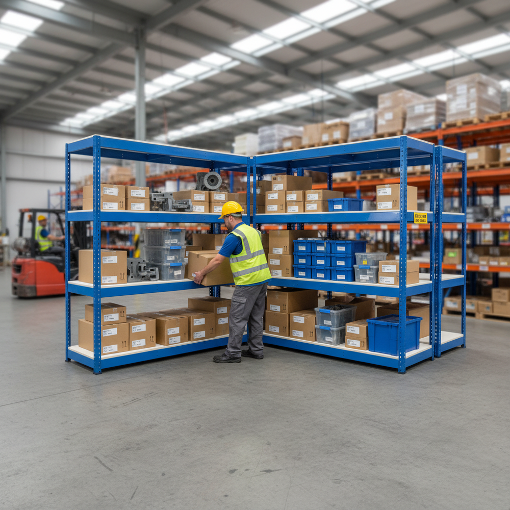 Premium 4x Industrial Shelving - 1677mm High - 400kg Capacity - Melamine - Blue - Side view