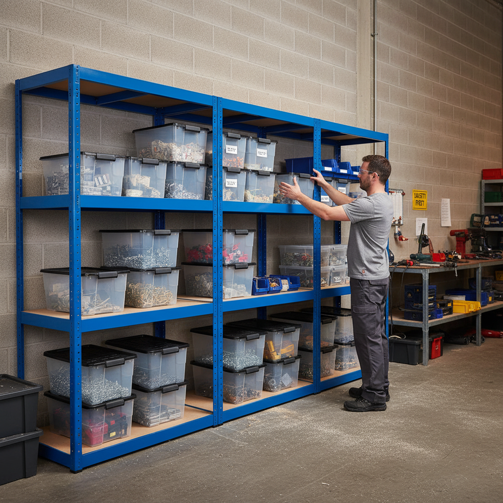 Premium 3x Shelving Units - 1600mm High - Blue with 12x 24L Storage Boxes - Side view