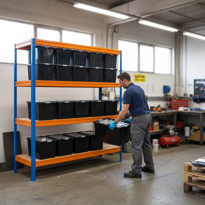 Premium Heavy Duty Shelving with 12x 37L Plastic Storage Boxes - 1770mm High - Front view