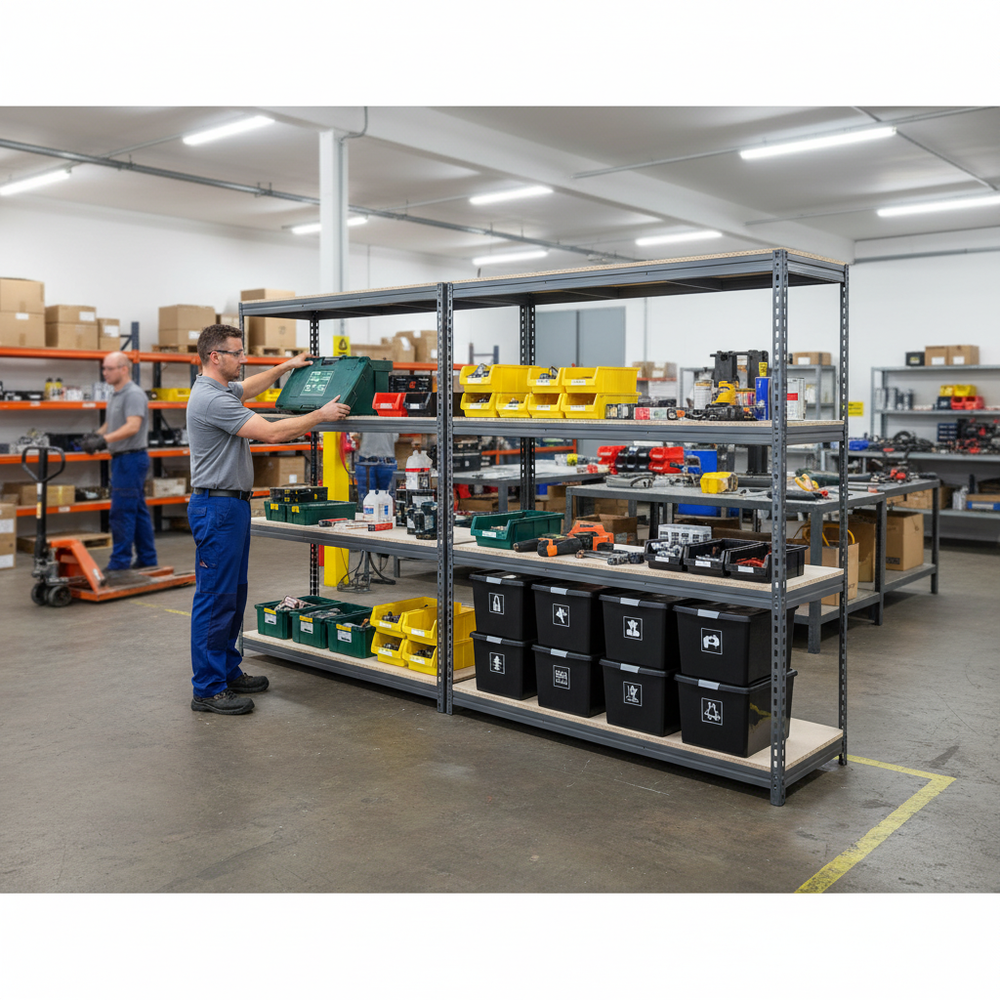 3x Heavy Duty Shelving - 1800mm High - Grey with 8x 37L Plastic Storage Boxes - Side view