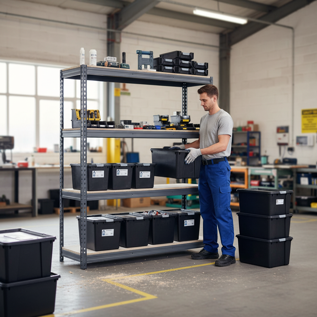 2x Heavy Duty Shelving - 2000mm High - Grey with 8x 37L Plastic Storage Boxes - Front view
