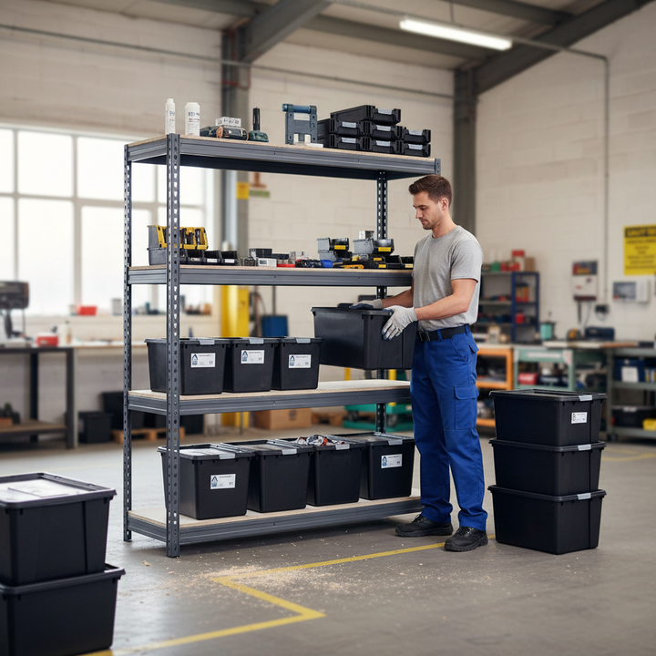 2x Heavy Duty Shelving - 2000mm High - Grey with 8x 37L Plastic Storage Boxes - Front view
