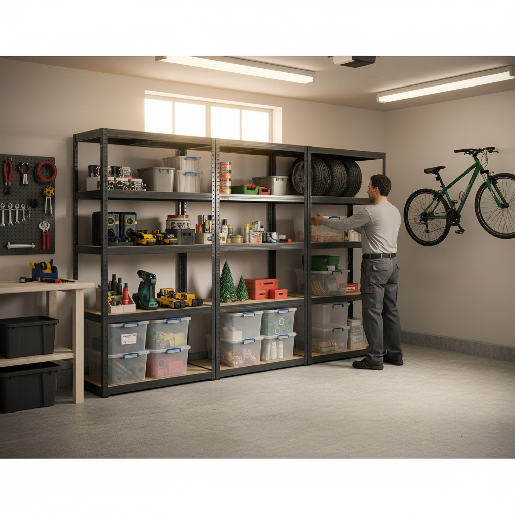 3x Heavy Duty Shelving Units - 1800mm High - Grey with 8x 33.5L Storage Boxes - Side view
