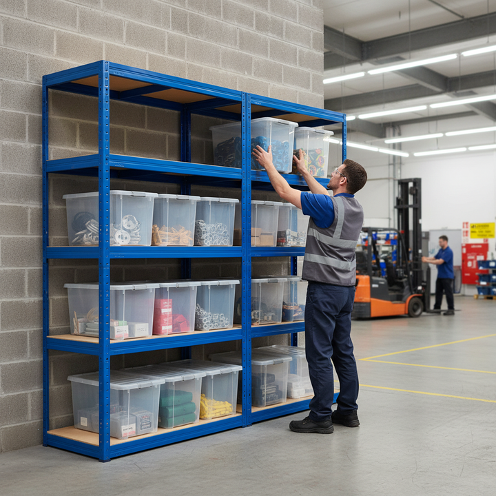 Heavy Duty Shelving Units with 8x 60L Plastic Storage Boxes - 2130mm High - Side view