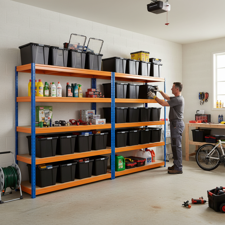 4x Premium Heavy Duty Shelving - 1770mm High - Blue & Orange with 8x 37L Plastic Storage Boxes - Side view