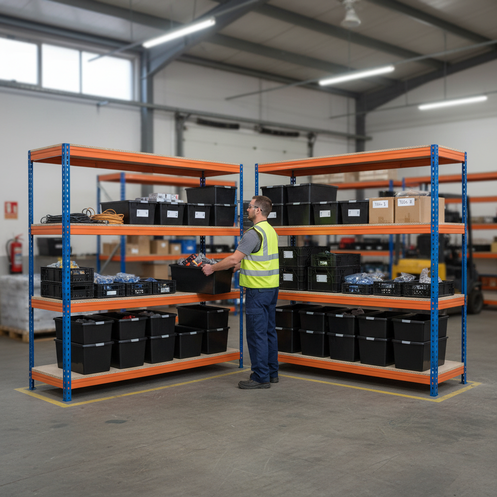 4x Heavy Duty Shelving - 1600mm High - Blue & Orange with 12x 37L Plastic Storage Boxes - Side view
