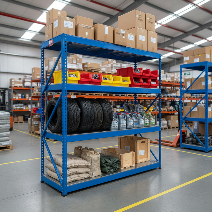 Heavy Duty Industrial Shelving Unit - 2440mm High - 400kg Capacity - Steel - Blue - Side view