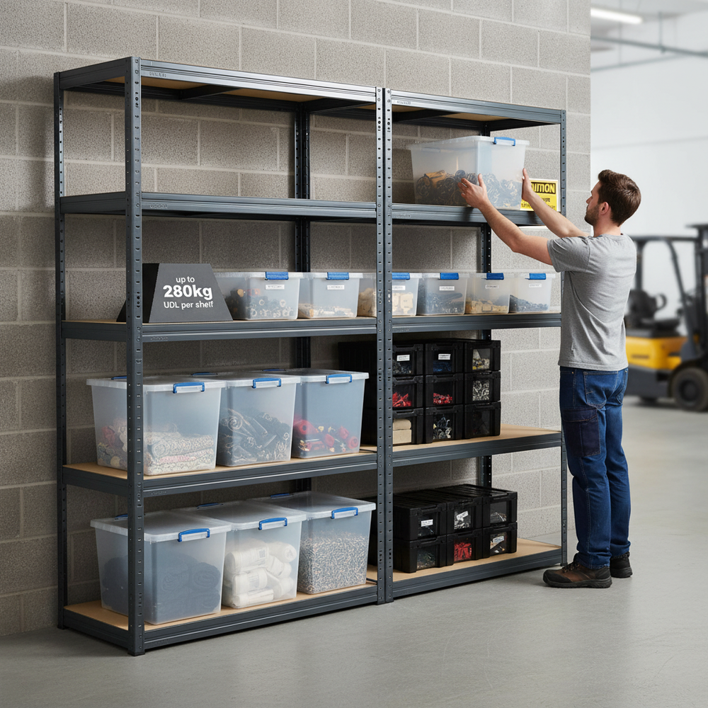 2x Heavy Duty Shelving Units - 2130mm High - Grey with 12x 33.5L Storage Boxes - Side view