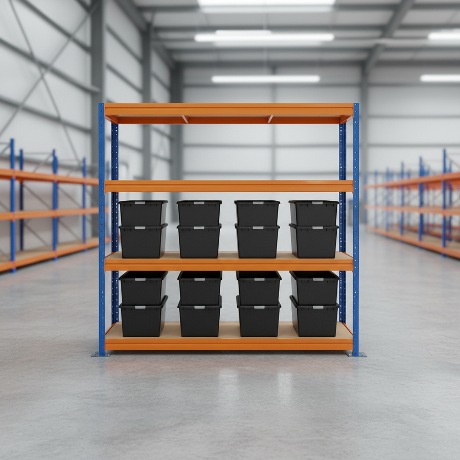 Premium Heavy Duty Shelving - 1770mm High with 12x 62L Plastic Storage Boxes - Front view