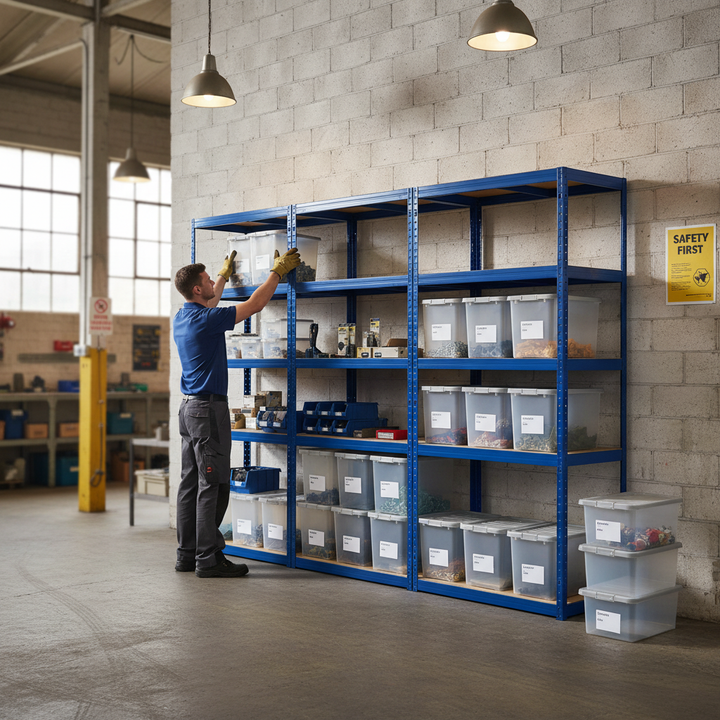 Heavy Duty Shelving Units with 12x 60L Plastic Storage Boxes - 2130mm High - Front view